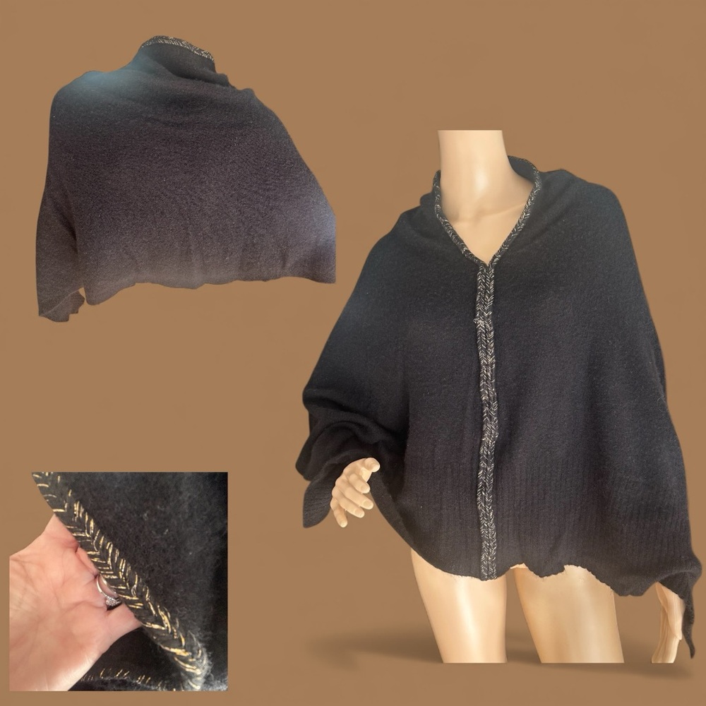 Golden Sun 100% Cashmere Black Poncho Shawl Wrap One Size Vacay Ready